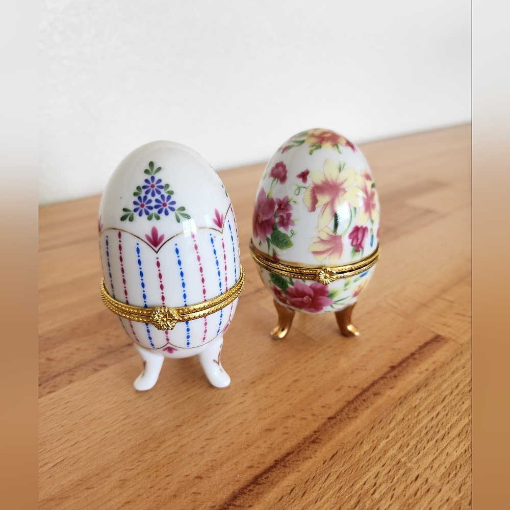 Porcelain Vintage Floral footed Egg Trinket Boxes